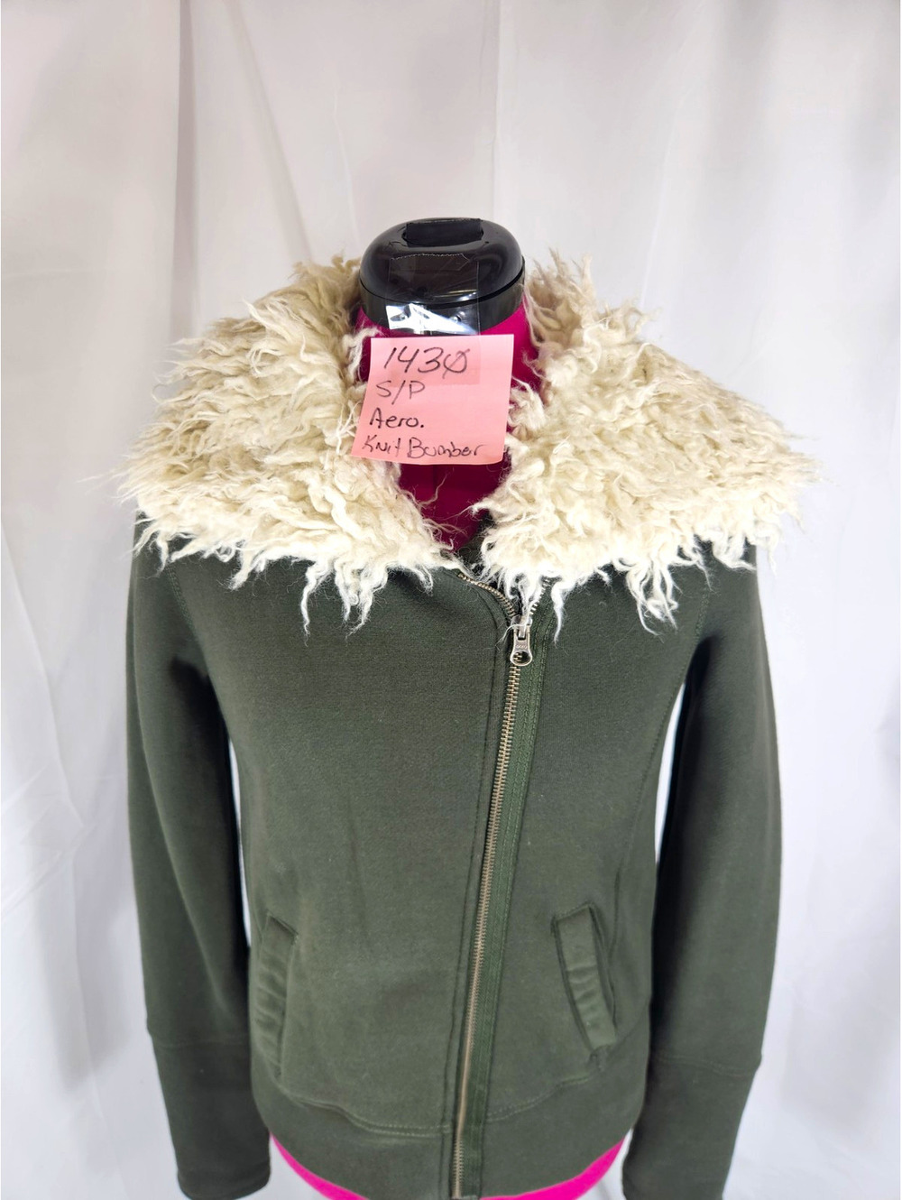 NWOT Aéropostale Y2K Olive Green Knit Moto Jacket Faux Fur Collar Size S/P